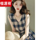 Hengyuanxiang 2025 new light luxury French Hepburn style blue plaid sleeveless dress women's summer long dress plaid dress XL