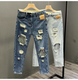 NANBOWAN SUMBRE Large Jeans Ripped Brand Men's Trendy Brand Pantalon Nine Point Version à la mode mince Pantalon Stretch Foot 9737 Bleu 28