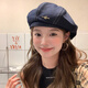 Wanjiazhen denim beret women's summer Korean style all-match beret hat Japanese style big head circumference slim octagonal hat painter hat metal R mark dark blue