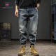 AEMAPE jeans men's summer fashion brand washing and old embroidered loose straight pants American retro Harunt trousers retro blue 28 suitable weight 90-110Jin [Jin equals 0.5 kg]