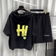 Summer Pinli Hong Kong Style Hooded Short Sleeve Set Men's Summer Trendy Printed T-shirt Complete Set Black t5019+Black 9215 S Suitable (85-105Jin[Jin equals 0.5 kg])