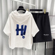 Yushida Hong Kong-Stil mit Kapuze mit Kurzärärmelanzug Herren Sommer Trendy Printed T-Shirt Handsome Ganze passende weiße T5019 + Black K9215 S Geeignet (85-105jin [Jin gleich 0,5 kg]))