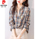 Pierre Cardin pure cotton plaid shirt for women spring and autumn new 2025 fashion shirt early spring style long-sleeved thin shirt top blue XL recommended 115-135 Jin Jin equals 0.5 kg