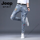 Jeep Spirit 2025 Spring and Automne New Ripped Print Jeans for Men Slim Straight-Leg Foot Foot Broidered Stretatile Stretch's Pants Men's Pantal