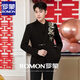 ROMON New Chinese Style Disc Button Embroidered Engagement Dress Men's Chinese Style Chinese tunic Tang Suit Men's Wedding Loose Casual Suit Black Jade Suit + Straight Pants L (146Jin Jin is equal to 0.5kg -164Jin Jin is equal to 0.5kg)