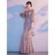 Zhufan high-end annual meeting female host dress evening girl 2025 new sequined temperament light luxury niche fishtail toast dress khaki M