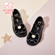 Fuluo Mi Girls' Leather Shoes Spring and Autumn New Rhinestone Bow Black Performance Shoes Soft Sole Princess Shoes Black 35
