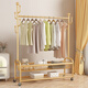 Wooden multifunctional clothes hanger floor-standing bedroom coat rack living room balcony single pole clothes drying mobile storage storage hanger 120cm light luxury gold double-layer mesh basket + 6 hooks + wheels