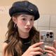 Wanjiazhen denim beret women's summer Korean style all-match beret hat Japanese style big head circumference slim octagonal hat painter hat metal R mark dark blue