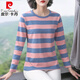Pierre Cardin Loose Lose Long Ärmel-T-Shirt für Frauen 2025 Frühling und Herbst Neues modisches inneres Basishemd sowie vielseitiges Frühspring-T-Shirt Top für Frauen 6623 Gelb [Big Stripes l Vorschlag [105-120jin [Jin gleich 0,5 kg]