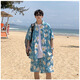 肯奈迪衬衫夏季男休闲衬衫提花短袖男衬衣花衬衫夏威夷宽松沙滩度假外套 蓝色-花朵-衬衫短裤两件装 2XL 【170CM-180CM】