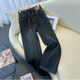 Zhang Fanyu elastic waist jeans for women in spring, autumn and winter 2024 new high-waist loose straight pants casual large size narrow wide-leg pants 1283 dark blue plus velvet thickened S 80-95
