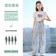 
Pitt Girls Summer Set 2025 New Medium-Grand Children's Fashionable Ice Silk Wide Legs Children's Fashion Short Sleeve Casual Summer Suit 9889 White + 15088 Pink Purple 130 cm