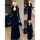 Hao'e early autumn black dress Hepburn style v-neck knitted skirt advanced 2025 with coat inner bottoming hip-covering long skirt V-neck knitted dress black L