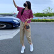 
Hafduo large size women's fat sister summer suit women's fashionable slim striped short-sleeved T-shirt versatile casual pants for women 1389 dragon fruit color top [single] XL [suggested 115-130Jin [Jin equals 0.5 kg]]
