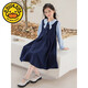 G.duck parent-child wear girls color block dress college style princess dress 2024 autumn over-the-knee skirt western style big children's wear navy blue 140 cm