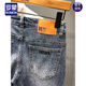 
ROMON (ROMON) 2025 summer denim mid-pants printed trendy brand retro nostalgic washing Korean style slim five-point pants stretch shorts men dark blue 9902 33