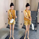 FHHUABD国风贵气感时尚套装女2024夏季新款坎袖拼接盘扣马甲短裤两件套女 12158-黄色套装 8XL m建议80-95斤