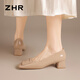 ZHR Single Schuhe Frauen Feste Farbspiegel Dicke Absatz Frauen Schuhe elegante intellektuelle flache Mund ein Fuß Pedaling Schuhe Frauen BL396 Milchtee 37