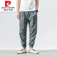 Pierre cardin 2025 summer Chinese style retro cotton linen men's casual pants for men's solid color plus fat loose linen small feet knitted gray M