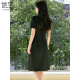She enjoys a short-sleeved dress with a woman's neck temperament and a versatile little black dress in summer high-waisted slim dress T52Q010
