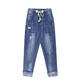 Meng Xianghe zerrissene Denim -Kumpelhose für Frauen Sommer dünne elastische Taille Harem Hosen hohe Taille Koreaner loser Fett MM Sticked Fußhose 3523# Hell Blue 26