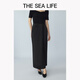 THE SEA LIFE半裙女欧海一生 冰丝半身裙2025春开衩松紧腰黑色长裙XC15265 黑法师 S