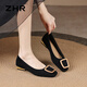 ZHR Single Shoes weiblich elegant intellektuell flachem Mund Dicke Fersenschuhe Pendelstil Square Head Boat Schuhe Frauen BL527 Schwarz 37