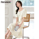
PinCai Dress for women, gentle girls first love skirt, light luxury pearl chain dress, slim short-sleeved dress P52Q063