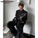 Vaderton Sheep New Chinese Men's Chinese Style Spring and Autumn Shoulder Pad Suit Jacket Men's Sexy Casual Zhongshan Suit Suit Set Black Jacket + Black Short T+ Black Pants [Three pieces XL