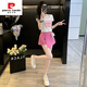 皮尔卡丹（pierre cardin）粉色排扣装饰休闲牛仔短裤女高腰显瘦假两件包臀裤裙短上衣两件套 7029白色上衣+7028玫红牛仔裙 S