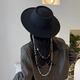 YWZR French Hepburn style pearl chain imitation wool top hat women's autumn and winter retro flat top jazz hat large brim felt hat black multi-chain grooved imitation wool adjustable