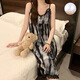Single Nanwei nightgown with chest pad in summer sexy suspender retro lace feel can be worn outside pajamas for women's dresses home clothes 702# nightgown ink painting in Chinese style XL (115-130)