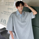 
Digada fake two-piece short-sleeved T-shirt men's Korean summer trendy brand niche design lapel striped loose casual top JHP-1301 gray XL