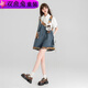 
Pisces Rabbit (SHUAGNYUTU) Girls Summer Denim Strap Shorts Set Trendy Summer Big Children's Fashionable Pants Denim Blue [Overall 160