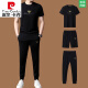 皮尔卡丹男装薄款休闲运动服套装男士夏季冰丝短袖t恤男装两件套 13062黑色【T恤+长裤】 M 165(适合体重90-120斤)