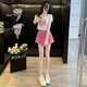 Yuxi Pink-Breasted Decorative Casual Denim Shorts Frauen hohe Taille schlampig gefälschter zweiteiliger Hüft-Hip-Padd-Rock kurzer Top Cover 7029 Weißes Top + 7028 Rose Red Denim Rock S S