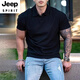 JEEP SPIRIT Summer Cuff Fitness Short Sleeve Men's Muscle Showing Sports T-shirt POLO. Shirt Henry Large Lapel Elastic Training Button Black L Recommended 155 Jin [Jin equals 0.5 kg]