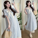 
Ranqi's mother's summer clothing Korean version 2025 summer maternity clothing single-breasted lace spliced bow fake two-piece dress blue L