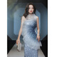 Banquet evening dress women's new elegant temperament annual meeting host tube top fishtail catwalk performance dress gradient blue YXSZ21205 L
