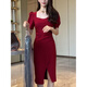 
ZIPJBX Korean version of square collar puff sleeve dress mid-length slit design hip-pack skirt 2025 summer new product Black #1048 2XL