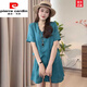 Pierre cardin cotton and linen set for women summer 2025 new European products casual, fashionable and fashionable loose shorts shorts two-piece set mustard green 2XL [recommended 125-140Jin [Jin equals 0.5 kg]]