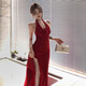 Glühen-in-the-Gloss-Nackenkleid für Frauen im Sommer schlanker Kleid für Frauen, reine hüftrüttende und geschlitzte Hüftrock, sexy V-Neck-Rock, halber Hüftrock [rot L] 110-120jin [Jin gleich 0,5 kg]