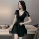 Yi Jingxuan (YIJINGXUAN) 2025 nightclub dress temperament short skirt low-cut V-neck covering belly slimming work clothes store sexy lace splicing black L 100-110Jin [Jin equals 0.5 kg]