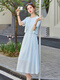 XAE luxury high-end brand short-sleeved dress for women 2025 summer new round neck embroidered vest small shawl set skirt blue L [recommended 110-120Jin [Jin equals 0.5 kg]]