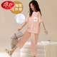 Langsha pajamas women with chest pads in summer thin pure cotton short-sleeved cropped pants suit sweet girl's home clothes can be worn outside. 684 purple short-sleeved cropped pants with chest pads XXXL code 130-150Jin [Jin equals 0.5 kg] equal size