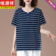 Hengyuanxiang striped short-sleeved T-shirt for women summer clothes with fat plus large size loose slimming top middle-aged mother versatile pure cotton t-shirt moss green [6219 models] L 100-115Jin [Jin equals 0.5 kg]