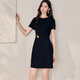 
ROEYSHOUSE roe style fashionable blue blue round neck dress for women 2025 summer new style commuter lace-up A-line skirt 12162 black L
