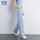 罗蒙【高腰显瘦】牛仔裤女夏季时尚双扣简约宽松阔腿裤浅蓝M