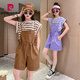 皮尔卡丹（pierre cardin）女童背带裤套装夏款2025新款中大童夏季棉休闲薄款短裤儿童夏装 紫色 两件套 120 cm